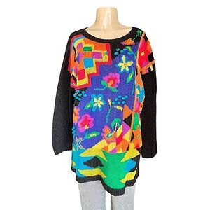 90’s Mixit Black Crew Neck Sweaters with colorful Artistic Designs Size M